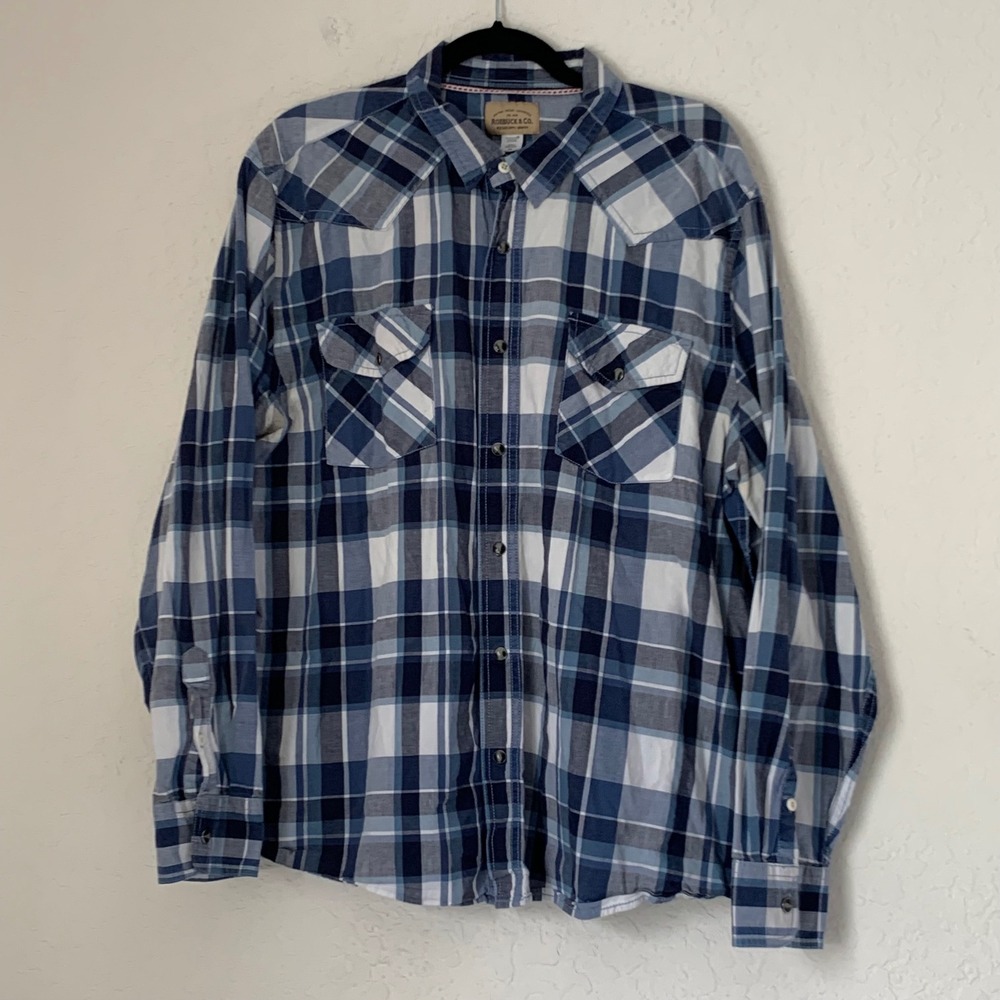 Roebuck & Co Western Shirt Mens 2XL Blue Plaid Snap Button Cowboy Workwear Rodeo